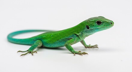 Fototapeta premium Vibrant green lizard poses gracefully against bright white background. AI Generated