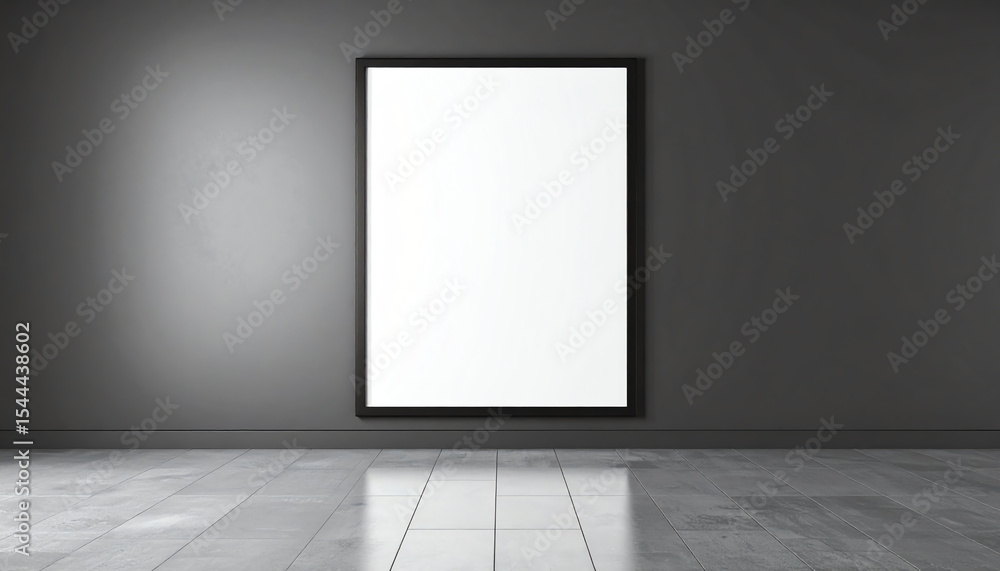 Poster a minimalist room featuring a large blank frame on a dark wall, emphasizing simplicity and modern de