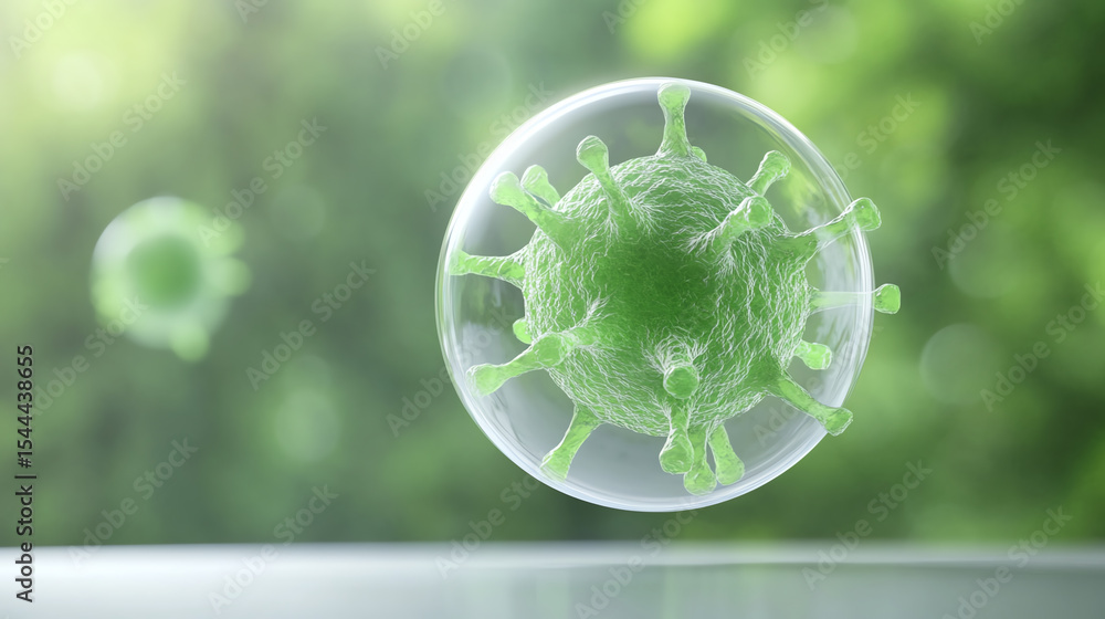 Poster close-up of a green virus particle suspended in a bubble, symbolizing microbiology and the study of 