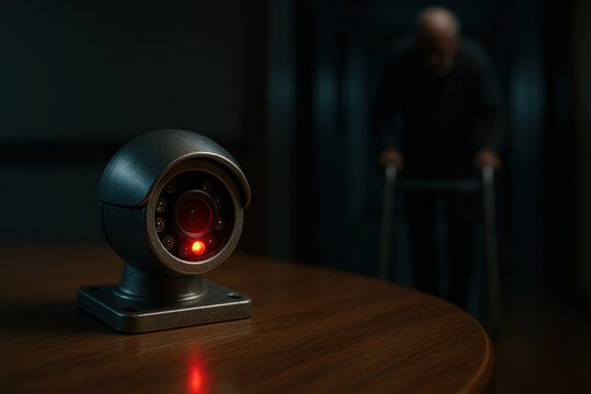 Nighttime indoor security camera monitoring elderly man with walker in dimly lit hallway, safety and surveillance focus