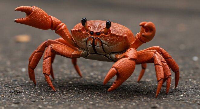 Closeup vibrant orange crab fiercely poses on dark asphalt under natural light. AI Generated