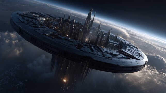 Futuristic orbital city hovering above earth with advanced architectural design