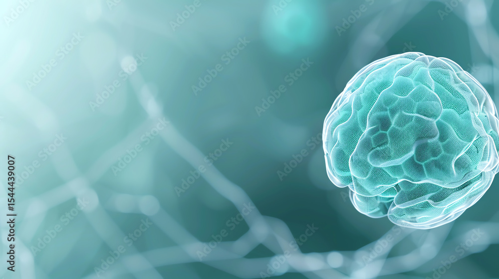 Poster futuristic illustration of a brain cell, depicting the connection between neurons and the science of