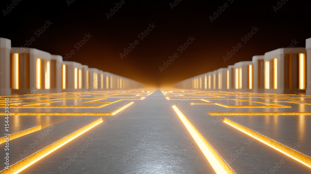 Poster Futuristic pathway illuminated by glowing lines, creating a sense of depth and innovation in a modern space.