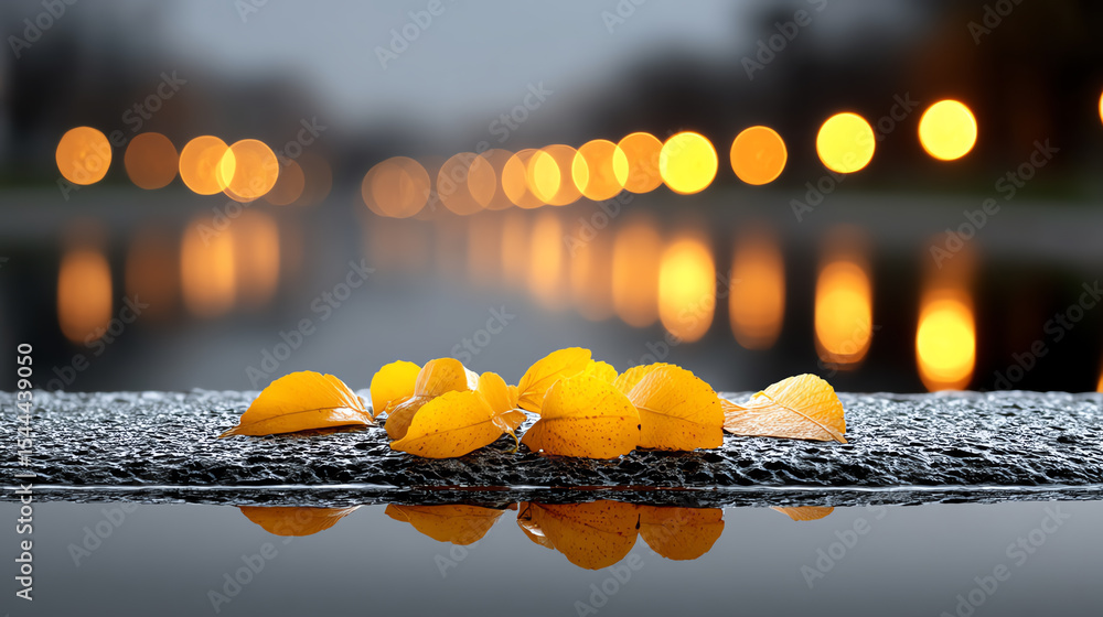 Poster glistening leaves rest on a calm surface, reflecting warm lights in the distance, creating a peacefu