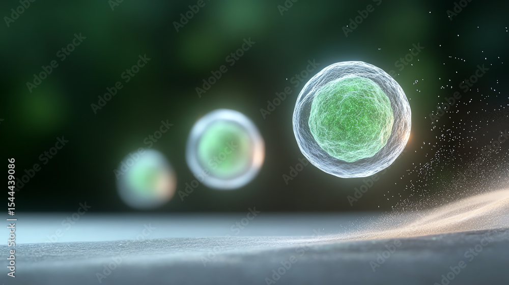 Poster Microscopic view of floating cells displaying intricate details and vibrant colors, representing life and biological processes.