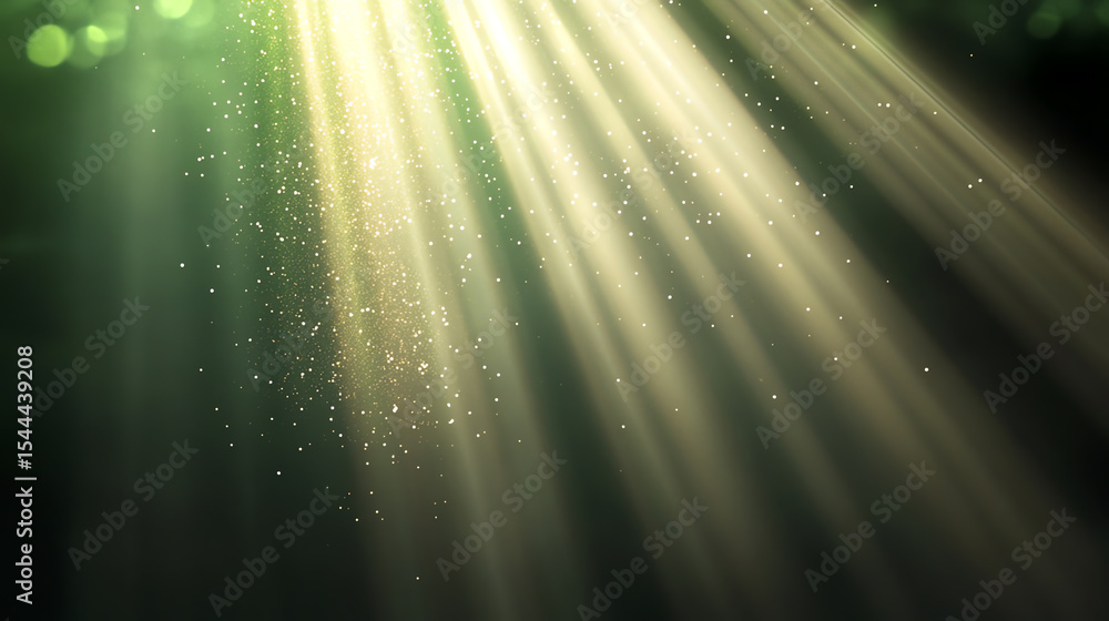Poster Sunlight filters through trees, creating a serene and tranquil atmosphere in a forest setting with dust particles glimmering.