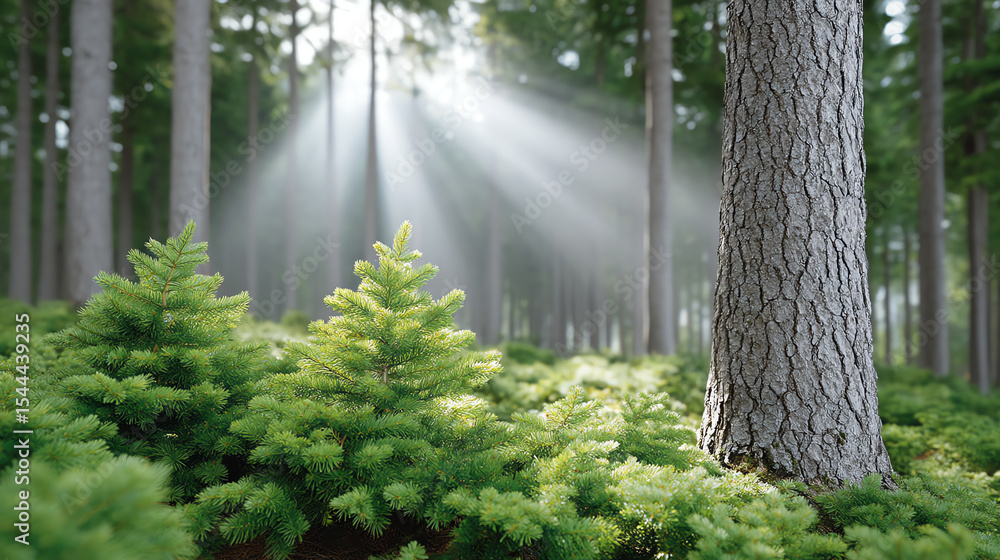 Poster sunlight streams through a dense forest, illuminating vibrant green plants and creating a serene, tr