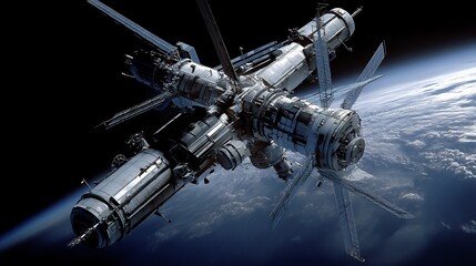Spectacular rendering of a space station orbiting planet earth in deep space