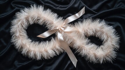 Soft white garland with a ribbon, lying on a black fabric background for mourning