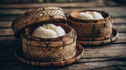 Sticky rice cooling in an open bamboo steamer after perfect steaming
