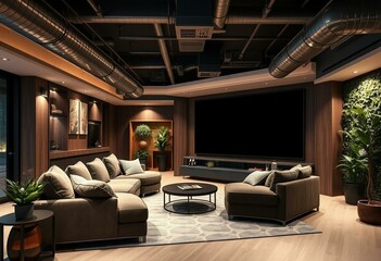 Luxurious modern entertainment room with statement ceiling and living wall