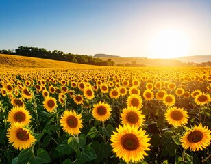 黄金色の輝き：夏の青空の下、満開のひまわり畑が織りなす壮大な風景 - 希望と生命力に満ちた自然の美しさ