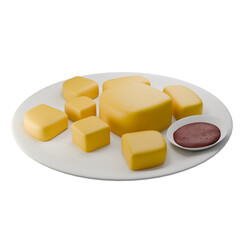 A 3D illustration of fried tofu, a crispy and savory Indonesian dish served with a side of sweet soy sauce.