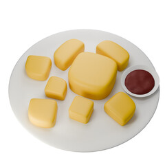 A 3D illustration of fried tofu, a crispy and savory Indonesian dish served with a side of sweet soy sauce.