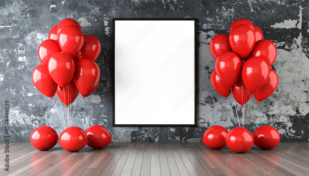 Poster a minimalist scene featuring clusters of red balloons beside a blank frame against a textured wall, 