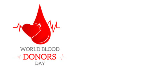 Donate Blood Concept Illustration Background For World Blood Donor Day. World blood donor day banner with red bloody plastic container and sign. Heart Shape.	