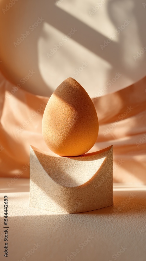 Aufkleber close up of a makeup sponge on a white block with peach fabric in the background with shadows cast o