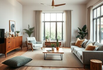Mid-century modern living room with teak sideboard and distinctive sofa