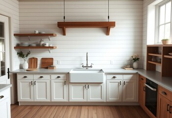 Modern farmhouse kitchen with shiplap walls and apron-front sink