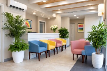Modern waiting room with colorful armchairs and potted plants welcoming patients