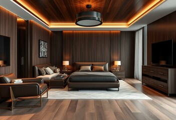 Luxurious masculine bedroom with dark wood accents and leather furniture