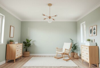 Fototapeta premium Softly lit nursery room with sage green walls and Scandinavian-inspired furniture