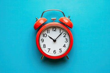 Red alarm clock on vibrant blue background