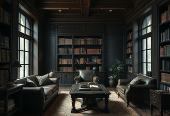 Dark academia study with dark wood furniture and leather-bound books