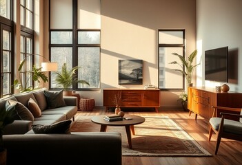 Mid-century modern living room with teak sideboard and sofa