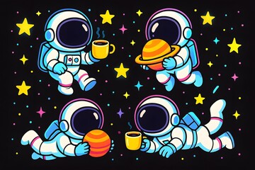 Astronaut Cartoon in Colorful Cosmic Exploration Illustration