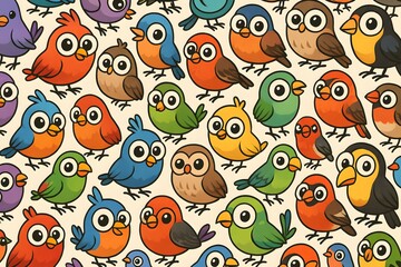 Colorful Cartoon Birds Illustration Pattern - Whimsical and Playful Design