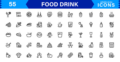 Food and Drink Icon Collection with Culinary, Beverage, Healthy Eating, Cooking, and Dining Icons in a Minimalist, Download-Ready Style