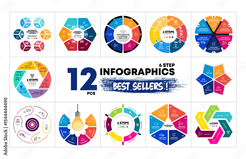 Poster 12 circle vector infographics bundle. presentation 6 option step slide templates. circle chart diagr