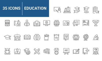 Education set of web icons in line style. Learning icons for web and mobile app. E-learning, video tutorial, knowledge, study, school, university, webinar, online education. Vector illustration