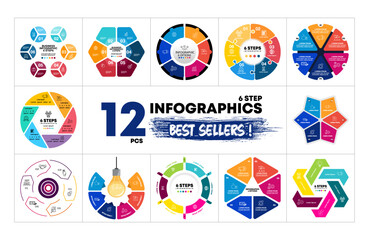 12 Circle Vector Infographics Bundle. Presentation 6 option step slide templates. Circle chart diagrams. Perfect for marketing or business strategy project. vector eps	