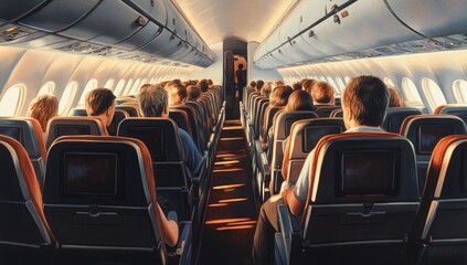 Fototapeta premium Inside an airplane, passengers seated, aisle view. Sunlight streams through windows