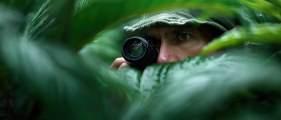 Man in boonie hat aiming camera lens through dense green foliage for photography in the jungle area
