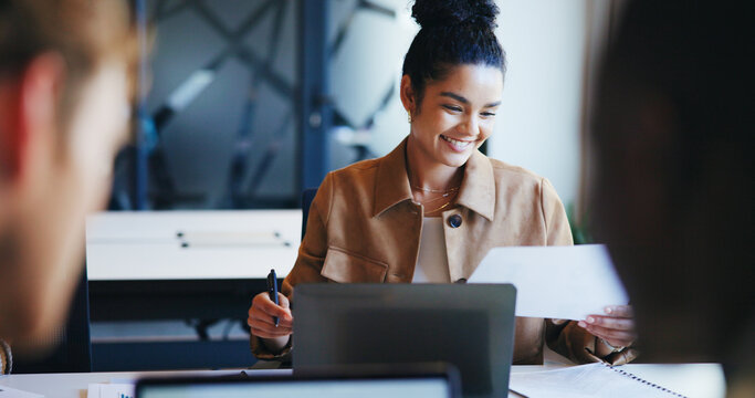 Business, smile and woman with documents, laptop and research for article, copywriting and editing. Person, employee and journalist in office, paperwork and news report with proofreading and tech