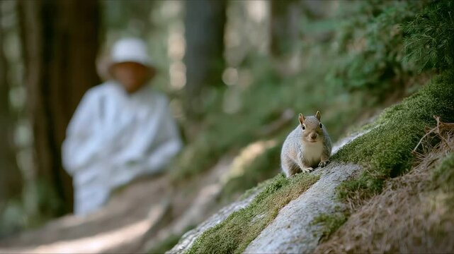 Hiker pauses on trail to observe squirrel on mossy log