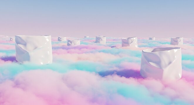 Pastell Wolkenmeer leuchtende Kristallstrukturen schweben sanft. AI Generated
