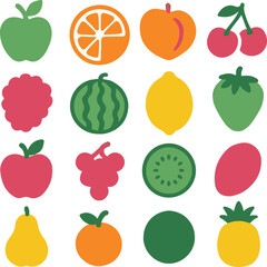 A colorful flat set of fruit icons including apple, watermelon, mango, lemon, orange, peach, and kiwi. Perfect for food packaging, kids' books, health apps, and summer designs.
