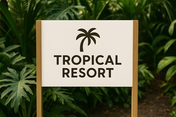 Tropical Resort Welcome Sign with Palm and Exotic Plants