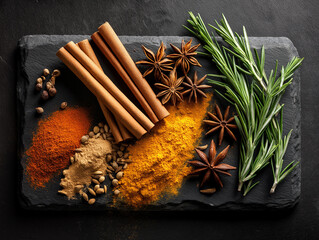 Overhead flat-lay of exotic spices and herbs on dark slate board