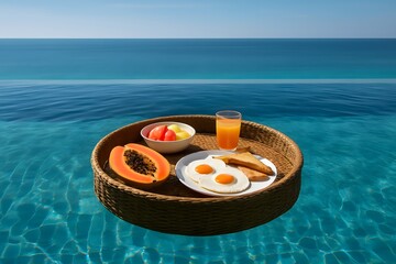 Tropical Poolside Breakfast with Fruits and Eggs