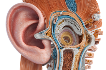 Detailed medical illustration of the human ear anatomy, highlighting the outer, middle, and inner ear structures, ideal for educational and healthcare materials