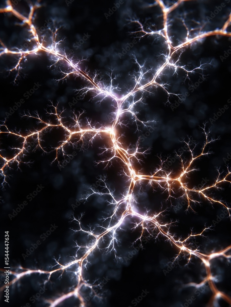 Poster Glowing Branching Lines Create an Abstract Digital Neural Network on a Black Background Showcasing Intricate Connections and Patterns