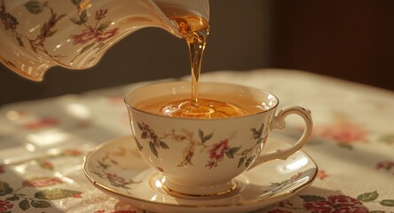 Pouring honey into a floral teacup on a floral tablecloth in warm light creating a cozy scene