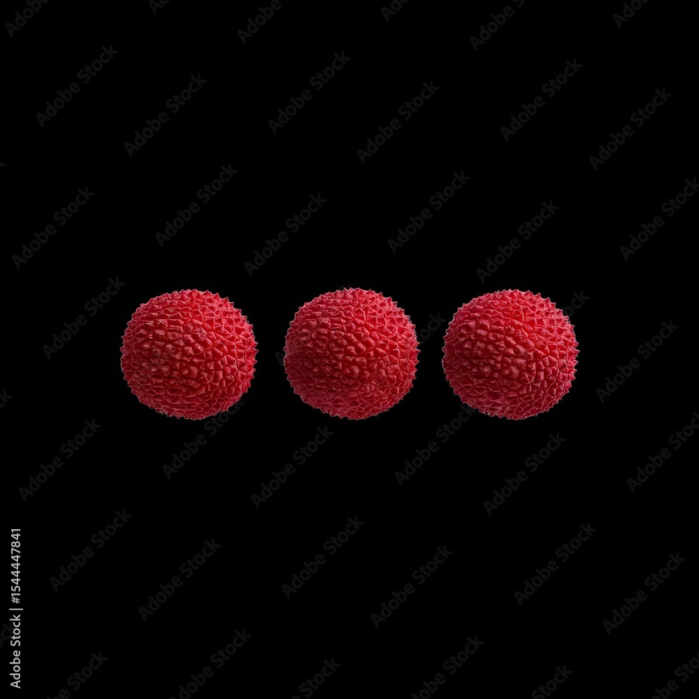 Poster minimalist flat lay of three lychees arranged in row, showcasing their vibrant red color and unique 