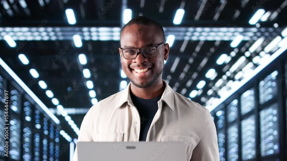 Poster Happy Engineer In Data Center Server Room Configuring AI